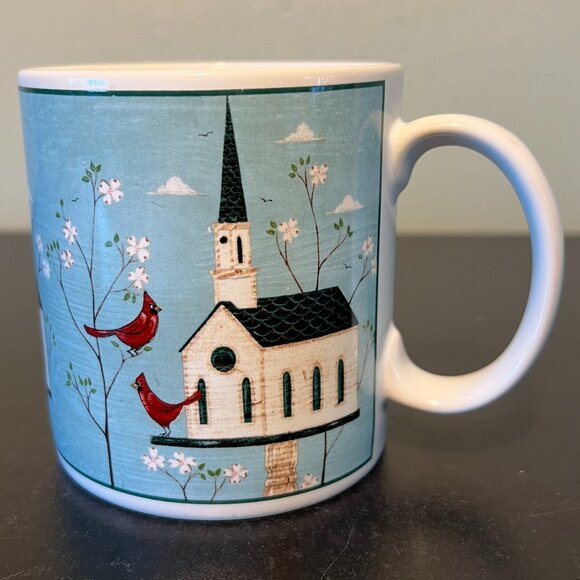 Vtg SAKURA Warren Kimble BIRDHOUSE Stoneware Mug ~ Folk Art ~ Cardinals - Picture 3 of 8